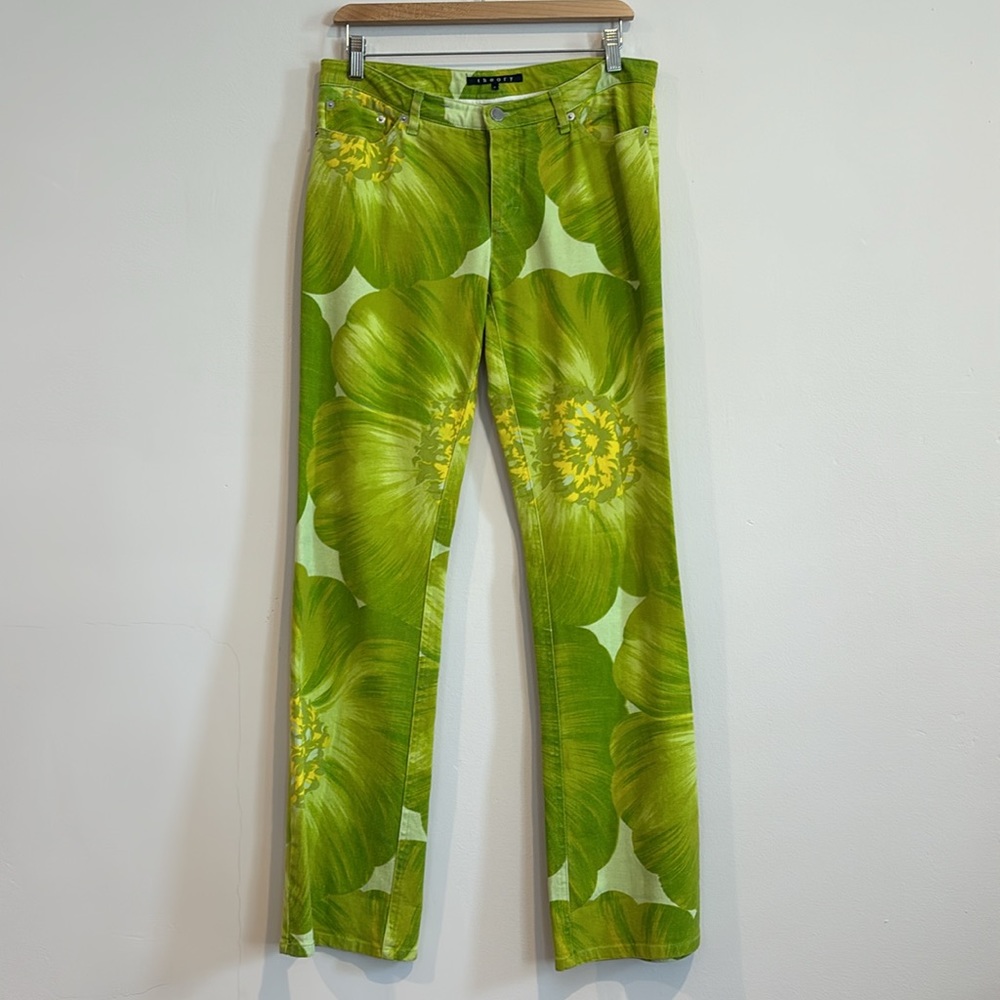 Theory Pants -   Flower Green Yellow Pants, Y2K - Size 8